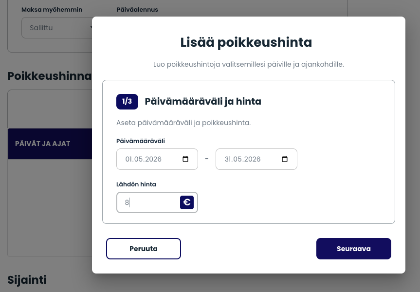 Määrittele helposti eri hinta eri ajoille